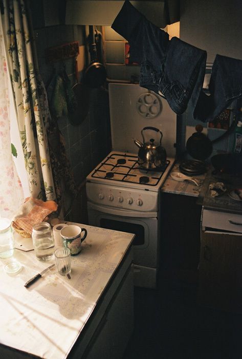 magicalhomestead:Little old kitchen with jeans drying on a...