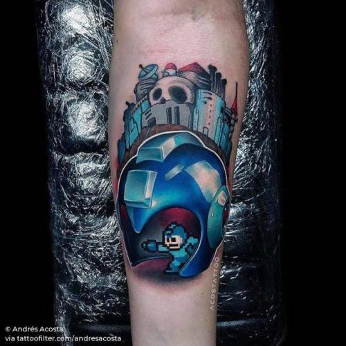 By Andrés Acosta, done in Austin. http://ttoo.co/p/32509 andresacosta;big;cartoon;facebook;twitter;video game;game;inner forearm;mega man