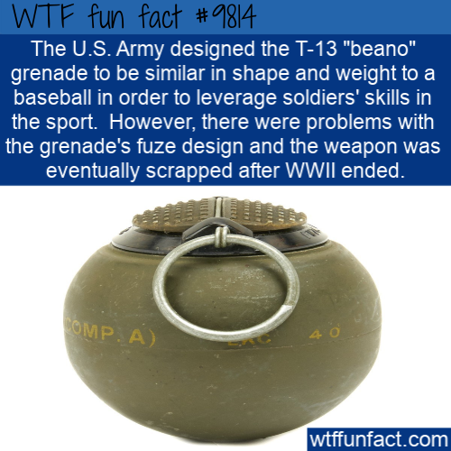 Interesting Fact: The U.S. Army designed the T-13 “beano” grenade to be similar in shape and weight to a baseball in order to leverage soldiers’ skills in the sport.