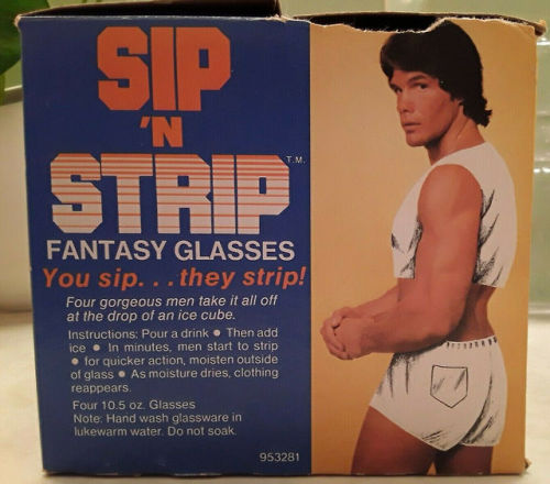 collectorsweekly:Sip ‘N Strip glasses made by Spencer’s Gifts,...