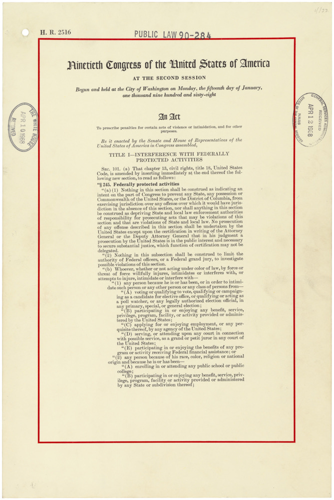 Today's Document • The Civil Rights Act of 1968: An Act of April 11,...