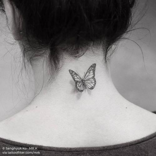 By Sanghyuk Ko · MR.K, done at Bang Bang Tattoo SoHo, Manhattan.... insect;small;single needle;butterfly;animal;tiny;mrk;back of neck;ifttt;little