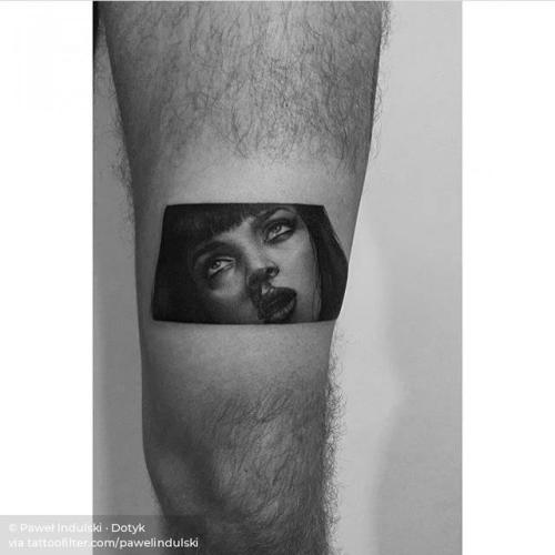 By Paweł Indulski · Dotyk, done at Holy Mary Tattoo Shop,... film and book;pawelindulski;fictional character;dotwork;uma thurman;character;thigh;facebook;blackwork;twitter;mia wallace;portrait;medium size;pulp fiction