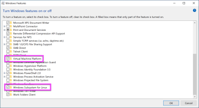 The “Windows Features” screen with “Virtual Machine Platform” and “Windows Subsystem for Linux” highlighted