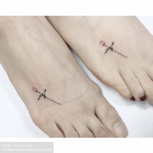 By Diki · Playground, done at Playground Tattoo, Seoul.... flower;small;matching;matching tattoos for couples;micro;foot;playground;tiny;love;rose;ifttt;little;nature;minimalist;couple;fine line;line art