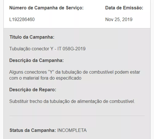 recall novo onix vazamento de combustivel