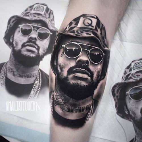 By Khail Aitken, done at Youngbloods Tattoo Studio, Rockingham.... khailaitken;music;black and grey;calf;patriotic;big;rapper;united states of america;character;facebook;twitter;portrait;schoolboy q