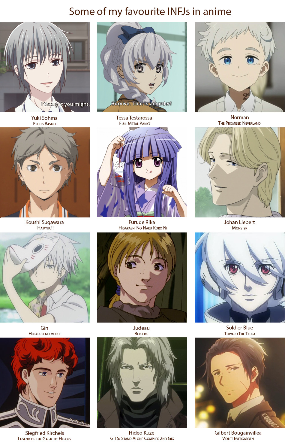 Some of my favourite INFJs in anime! These are all... - Psyche Ignition