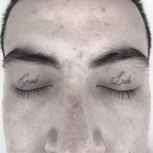 By Kane Navasard, done in Los Angeles. http://ttoo.co/p/36076 kanenavasard;small;individual matching;matching;single needle;micro;languages;good luck;tiny;ifttt;little;eyelid;english;quotes;english tattoo quotes