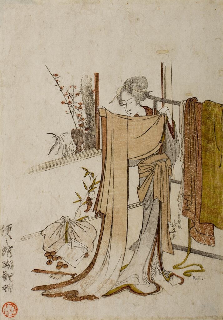 Asian Art — Woman Folding Kimono, Katsushika Hokusai (1760 Hokusai Woman