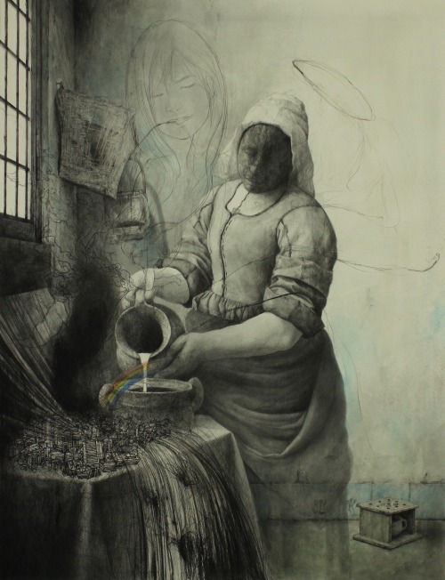 drawing  the milkmaid (ghost)   pencil,ink,acrylic colored...