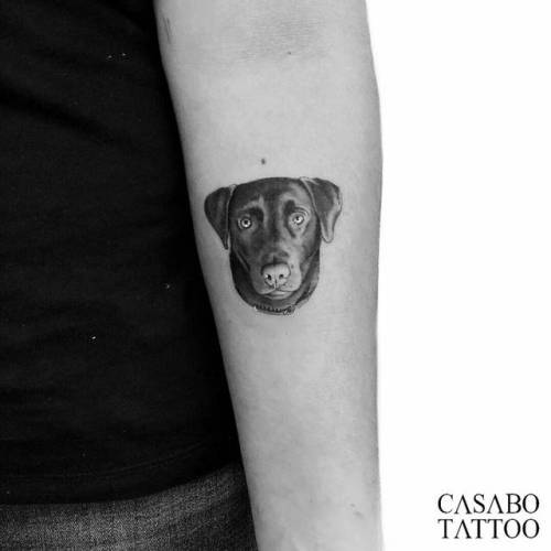 By Ivan Casabò, done at Ganga Tattoo, Murcia.... black and grey;small;pet;dog;labrador;animal;tiny;casabo.tattoo;ifttt;little;portrait;inner forearm