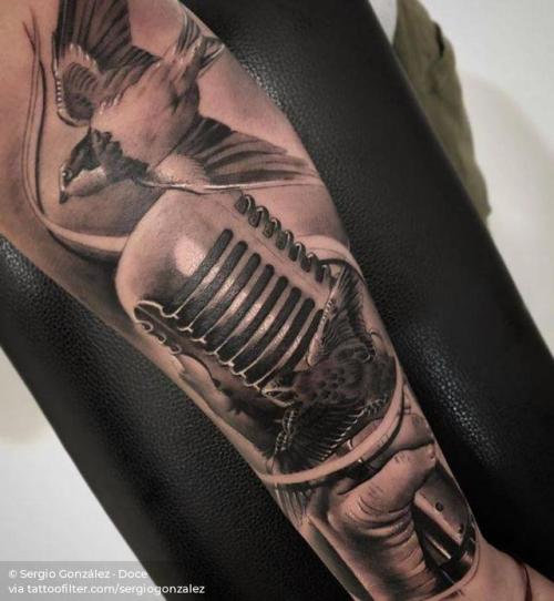 Tattoo tagged with: music, black and grey, big, facebook, forearm, twitter, microphone, techie, sergiogonzalez
