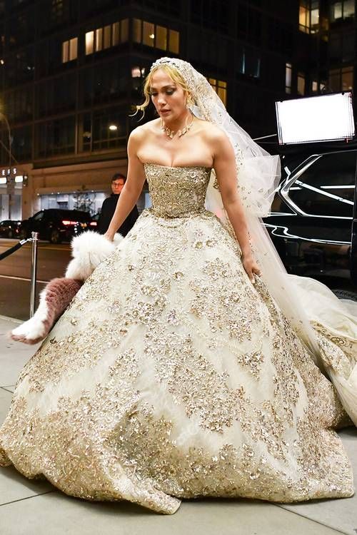 Jennifer Lopez aka J.Lo in an extravagant wedding dress on set...