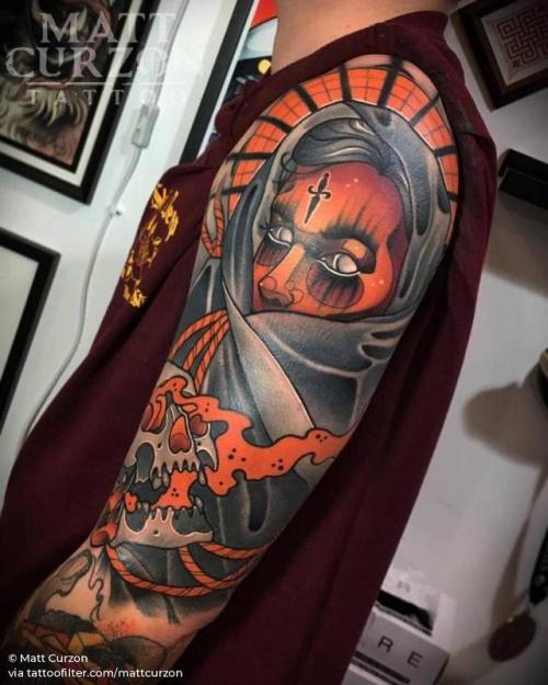By Matt Curzon, done at 5th Rites Of Passage Tattoo Festival,... healed;mattcurzon;devil;huge;facebook;twitter;religious;mythology;sleeve;other;neotraditional