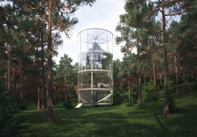 worclip:<br /><br />Tree in the House (2013) by Almasov Aibek of A.Masow Design Studio<br />A conceptual design that turns the idea of a tree house inside out, Bauhaus-style<br />Location: Almaty, Kazakhstan<br /><br />This house is located in the mountains of Almaty, among the forest of fir trees. He created for that would feel more fusion with nature and give up some unnecessary conditions and things. The house has to be something that can only develop your spiritual and creative development.<br /><br />