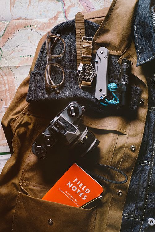 army jacket camera glasses notebook pocket knife investigate journal field notes