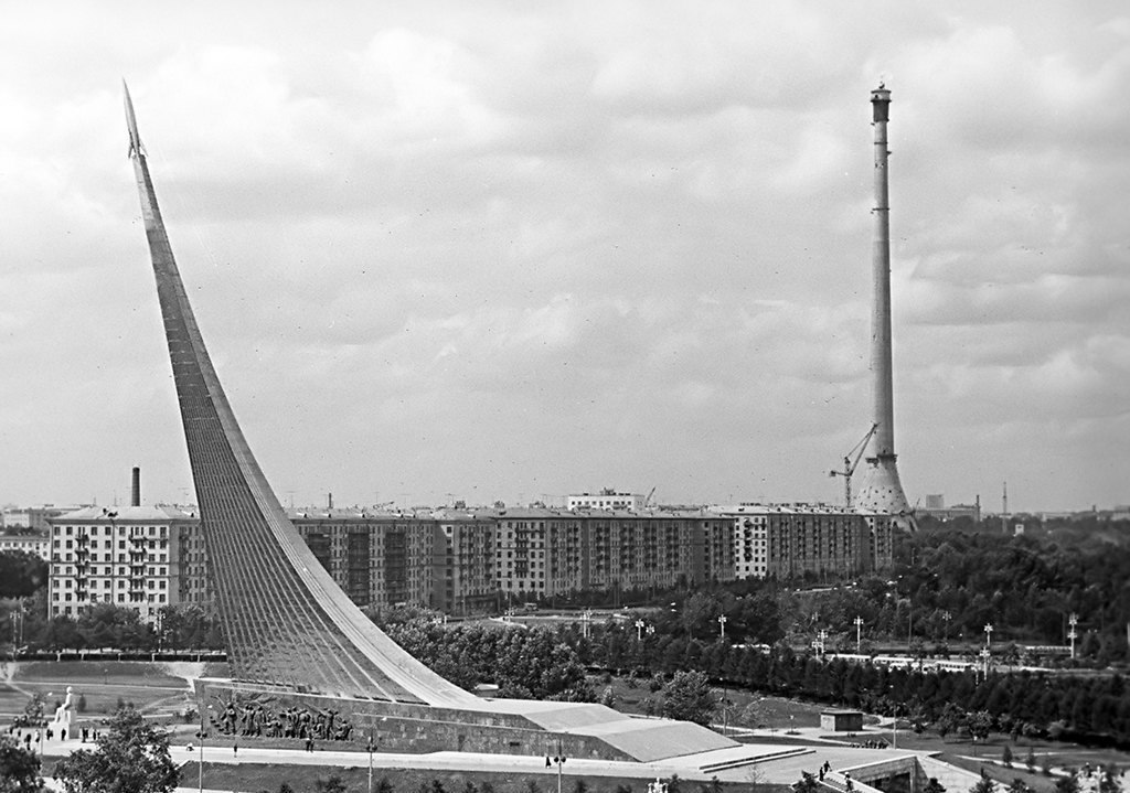 Monument to the Conquerors of Space and unfinished Ostankino TV tower. Moscow, 1966.