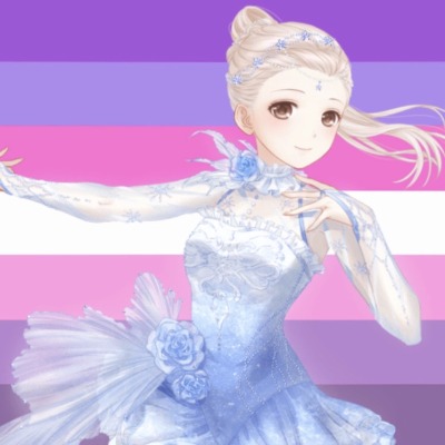 Ice Waltz from Love Nikki in front of a combination transgender lesbian flag