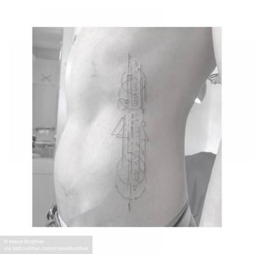 By Maxe Brother, done in Sydney. http://ttoo.co/p/30606 fine line;geometric shape;single needle;line art;waist;rib;facebook;twitter;medium size;maxebrother;geometric