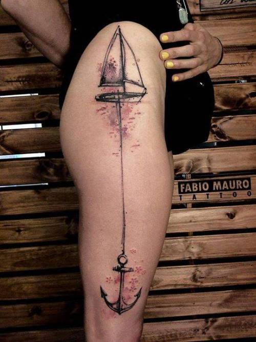 By Fabio Mauro, done at Escarabajo Tattoo & Art, Buenos... sketch work;hip;sailing ship;nautical;big;watercraft;watercolor;travel;thigh;facebook;anchor;twitter;fabio mauro