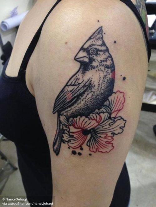 By Nancy Jehagi, done in Mexico City. http://ttoo.co/p/32607 nancyjehagi;cardinal;animal;graphic;bird;facebook;twitter;medium size;trash polka;illustrative;upper arm