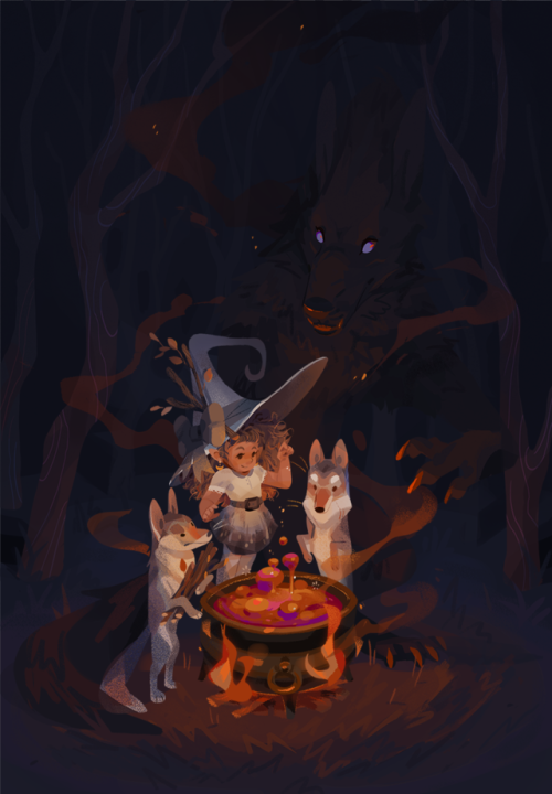 citrusfoam:A witch makes a potion with the help of her coyote...