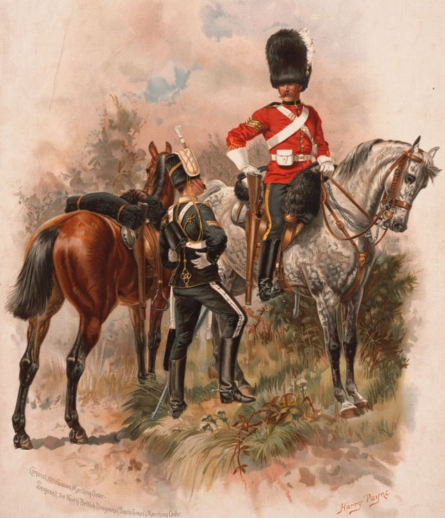 Corporal of the 13th Hussars and sergeant of the 2nd Dragoons (Royal Scots Grey), both in marching order, 1892, Great Britain,...