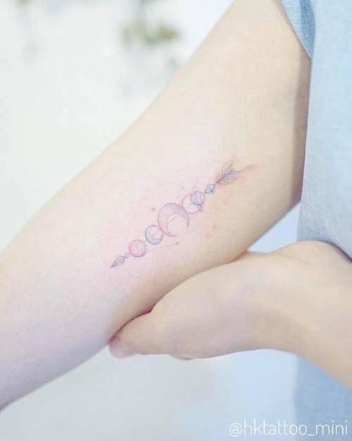 By Mini Lau, done at Mini Tattoo, Hong Kong.... small;astronomy;inner arm;arrow;tiny;native american;ifttt;little;crescent moon;moon;weapon;illustrative;minilau