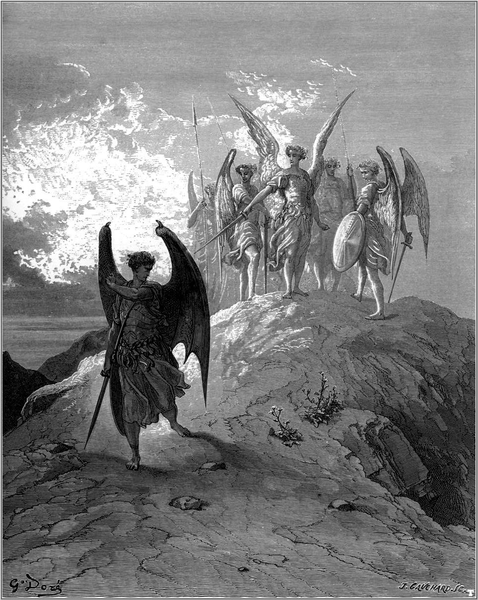 Grabado que representa a Lucifer siendo expulsado del Paraíso por el arcángel Miguel.