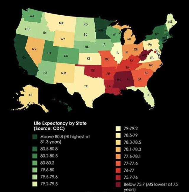 Life Expectancy by US state. - Maps on the Web