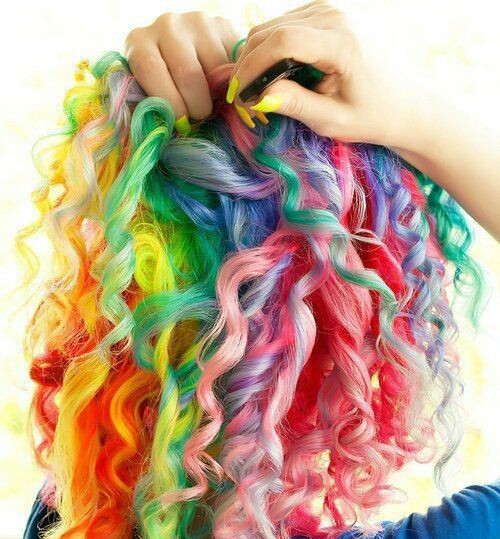hair dyed hair rainbow hair pink hair yellow hair green hair blue hair orange hair purple hair curly hair hairstyle nails yellow nails gel nails acrylic nails square nails fashion style beauty