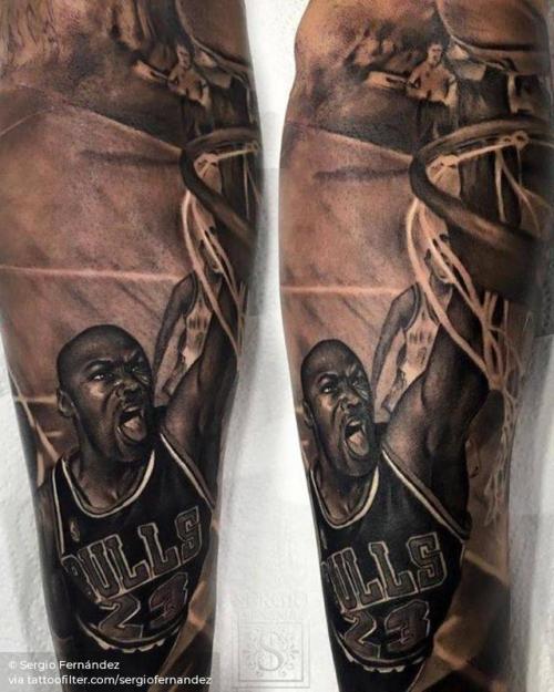 Tattoo tagged with: basketball players, basketball, big, black and grey,  character, chicago bulls, facebook, forearm, michael jordan, patriotic,  portrait, profession, sergiofernandez, sport, twitter, united states of  america 