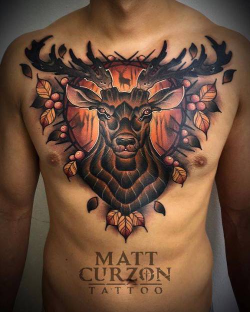 Color Creative Deer and Tree Chest Tattoo Pattern
