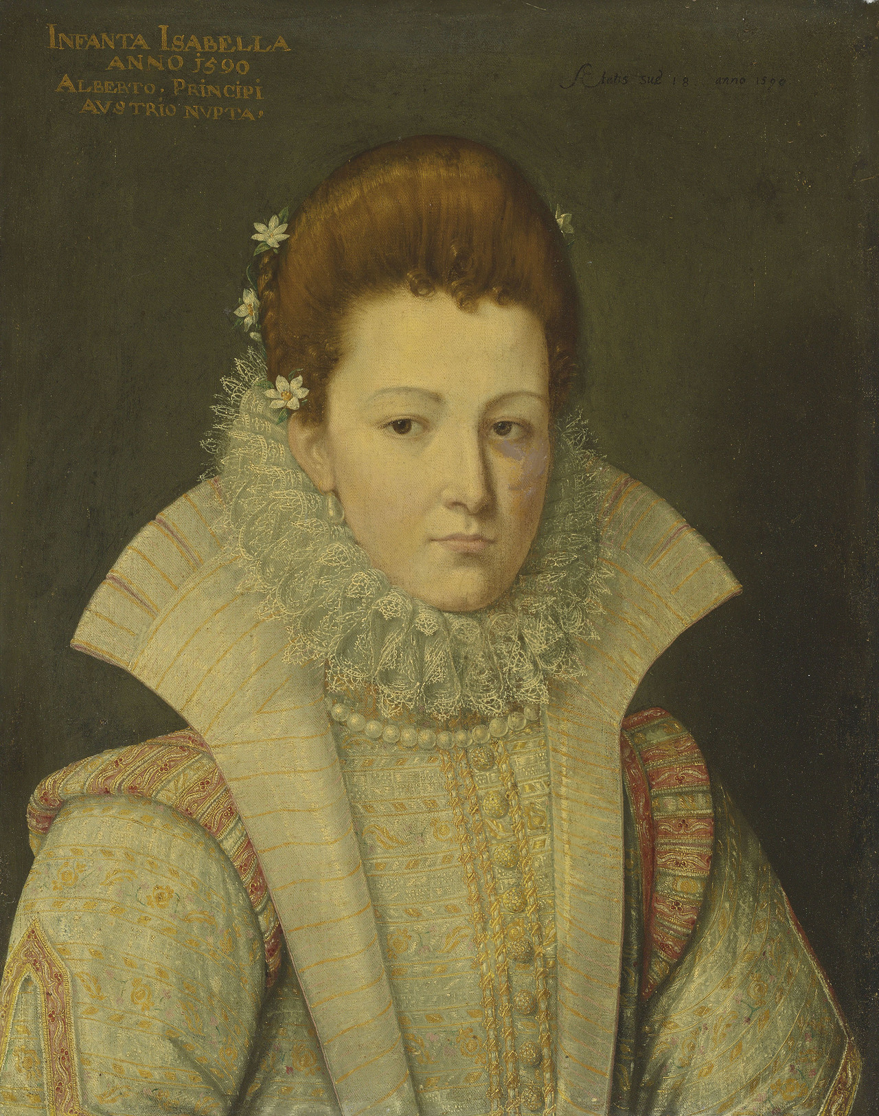 Italian School, â€˜Portrait of a lady in a gilt embroidered oyster gown and ruffâ€™, 1590s, oil on canvas, Italian, for sale est. 10,000-15,000 GBP in Christieâ€™s Old Masters Day sale, July 2019
The inscription on the upper left reads: 'INFANTA...