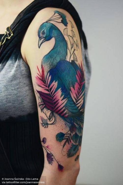 By Joanna Świrska · Dżo Lama, done at NASzA Tattoo Shop,... peacock;big;animal;contemporary;bird;facebook;twitter;joannaswirska;illustrative;upper arm