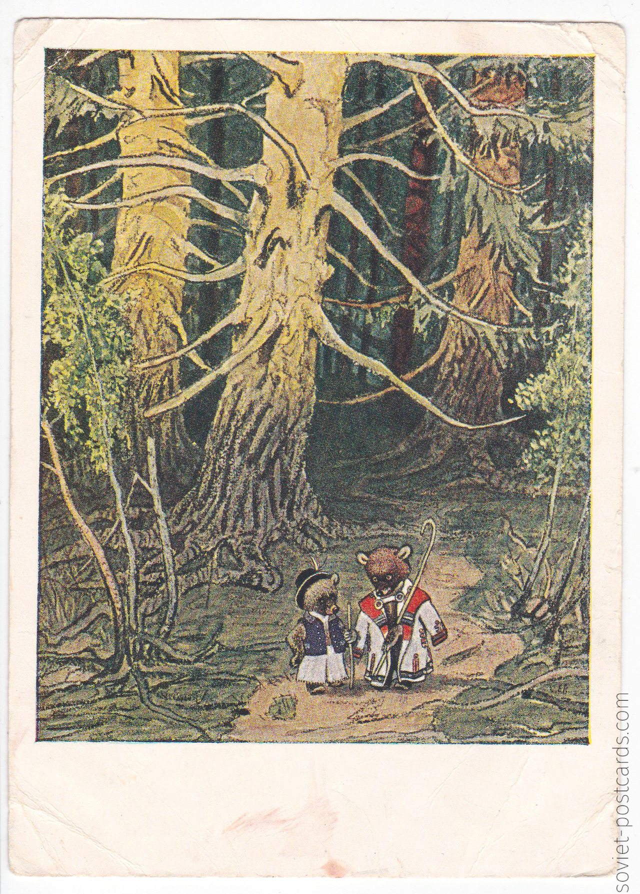 Illustration for Hungarian folk tale “Two Greedy Bears” by Yevgeny Rachyov, postcard from 1955 (buy here)