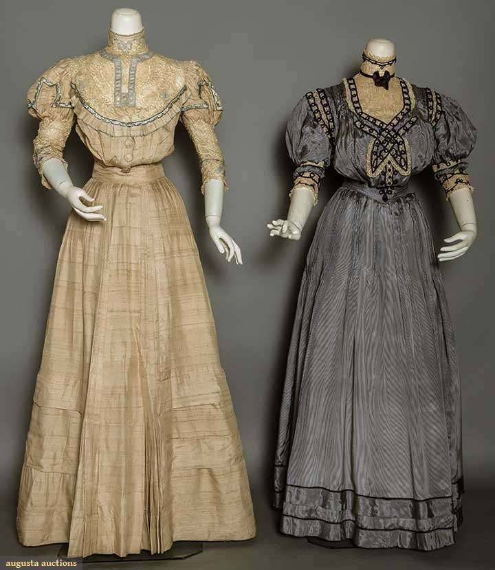 Historical Dress - TWO SILK AFTERNOON DRESSES, c. 1908 Both 2-piece:...