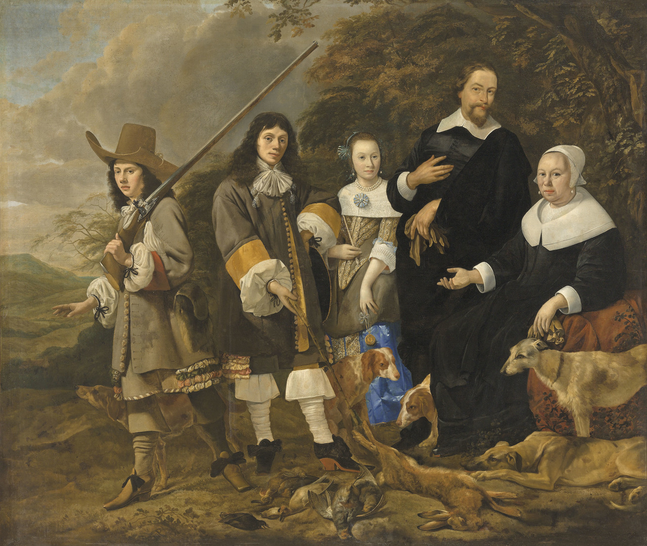 Dirck Carbasius (1619-1681), â€˜Portrait of a family, returning from a huntâ€™, 1600s, Dutch, oil on canvas, currently for sale est. 40,000-60,000 GBP in Christieâ€™s Old Masters Day sale, July 2019