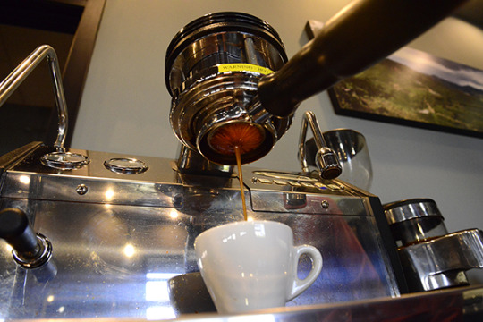 shot of espresso being pulled from espresso machine into espresso glass