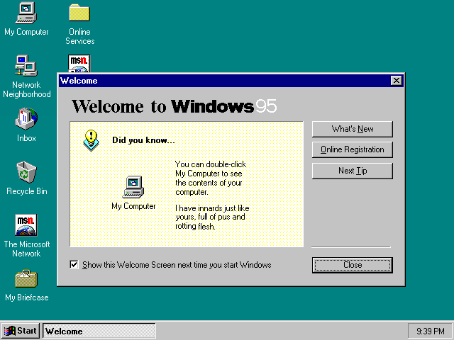 Welcome to Windows 95!  Did you know... You can double-click My Computer to see the contents of your computer.  I have innards just like yours, full of pus and rotting flesh.