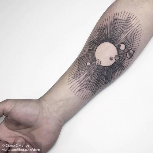 By Diana C Munoz, done in West Hollywood. http://ttoo.co/p/34793 astronomy;dcm;facebook;fine line;inner forearm;line art;medium size;solar system;sun;twitter