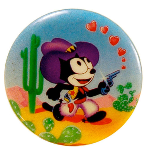 4colorcowboy:Metal button with Felix the Cat in cowboy garb,...