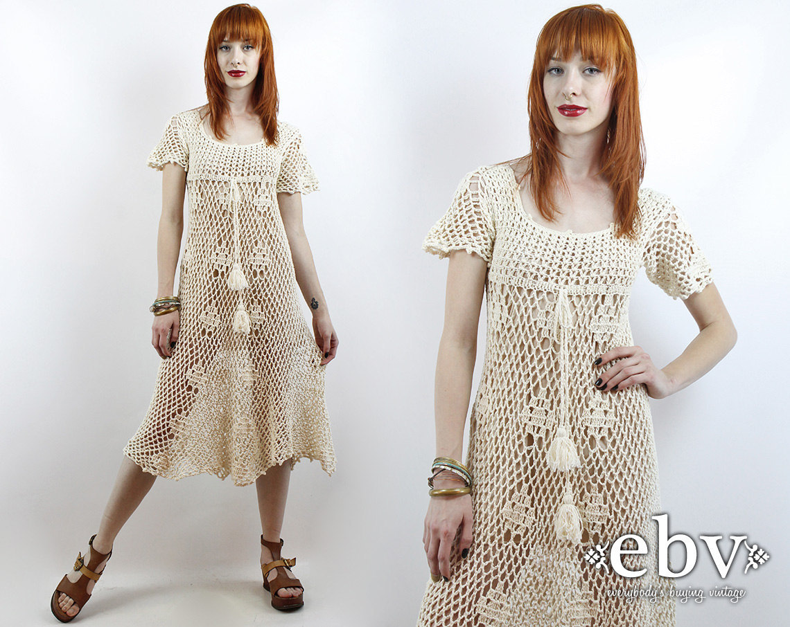 Www Shopebv Com Vintage 70s Cream Crochet Lace Midi Dress Hippie