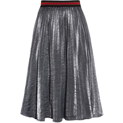 Heart in hand | Grey Metallic Pleated Midi Skirt liked on...