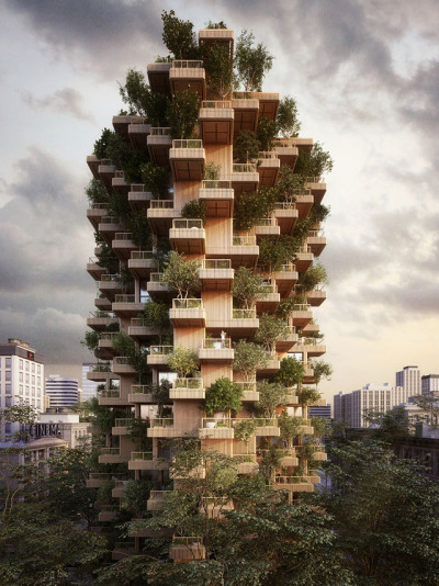 archatlas:<br /><br />Penda proposes Toronto Tree Tower built from cross-laminated timber modules<br /><br /><br />Plants and trees sprout from the modular units that make up this timber-framed high-rise, proposed by architecture firm Penda for Toronto. Penda, which has offices in China and Austria, collaborated with Canadian company Tmber for the Toronto Tree Tower project. They propose an 18-storey residential block that would stand 62 metres tall, with a modular structure made from cross-laminated timber (CLT).<br />Wood would also clad the building’s staggered walls, and trees would grow from the homes’ generous balconies. “Our cities are a assembly of steel, concrete and glass,” said Penda partner Chris Precht. “If you walk through the city and suddenly see a tower made of wood and plants, it will create an interesting contrast. The warm, natural appearance of wood and the plants growing on its facade bring the building to life and that could be a model for environmental friendly developments and sustainable extensions of our urban landscape,” he added.<br />