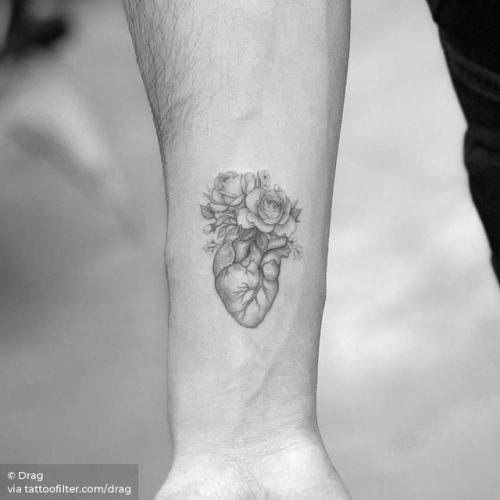 By Drag, done at Bang Bang Tattoo, Manhattan.... small;anatomy;single needle;heart;tiny;love;ifttt;little;drag;inner forearm;anatomical heart