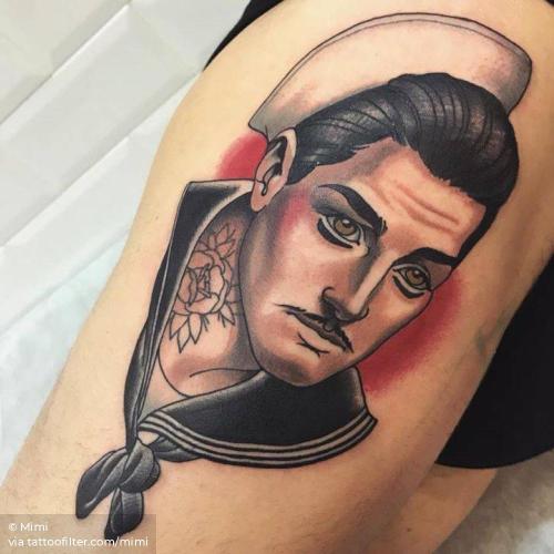 By Mimi, done in Madrid. http://ttoo.co/p/35190 big;facebook;mimi;neotraditional;portrait;profession;sailor;thigh;twitter