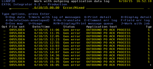 EXTOL EDI Integrator Outbound Application Data log