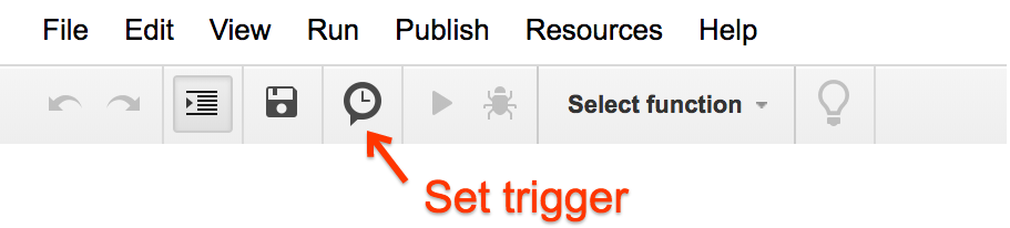 Apps Script menu bar: Set a trigger